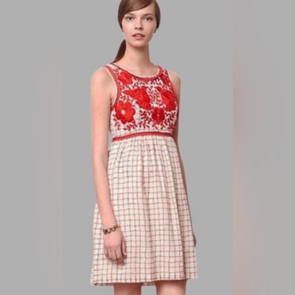 Anthropologie Vineet Bahl avani red cream bird embroidered dress xs